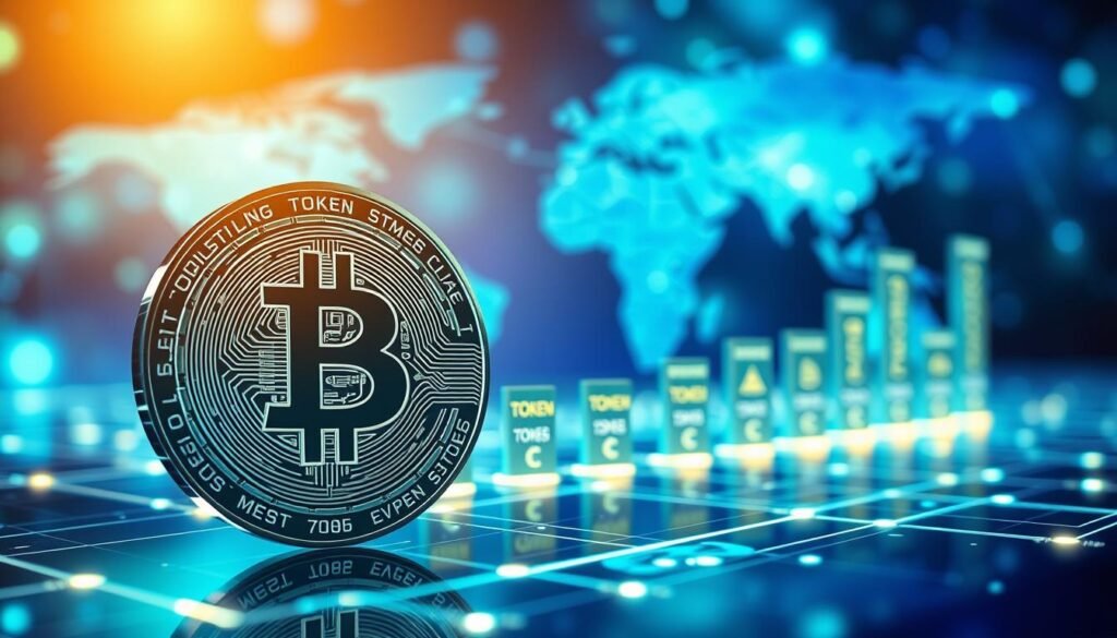 A visually striking representation of "token supply" in the realm of cryptocurrency. In the foreground, a transparent digital coin displaying intricate circuitry, symbolizing blockchain technology. In the middle ground, bars of token supply metrics rise and fall, each bar labeled with various resemblances of cryptocurrencies, suggesting abundance and scarcity. The background features a vivid abstract representation of a global network, with glowing connections and nodes to signify the digital economy. The lighting is bright and futuristic, casting a soft glow on the coin, while the background shimmers with a palette of blues and greens, evoking a sense of innovation and progress. The overall mood is dynamic and engaging, perfect for an educational section on token supply.