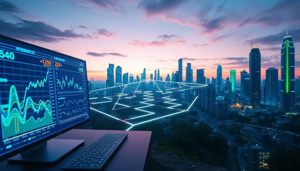 A visually striking representation of "validity proofs" as a digital landscape, set against a futuristic backdrop. In the foreground, a sleek, modern computer terminal displays intricate graphs and validation data, illuminated by vibrant blue and green neon lights. In the middle ground, abstract representations of optimistic rollups and ZK rollups emerge as intertwining pathways made of luminous circuits, symbolizing their comparative functionalities. The background features a cityscape of towering, digitally-enhanced skyscrapers under a twilight sky, casting a dynamic ambiance. The scene is bathed in soft, ambient lighting, emphasizing a sense of innovation and technology. Capture this in a wide-angle perspective to convey depth and complexity, embodying the essence of cutting-edge blockchain technology and scalability. A visually striking representation of "validity proofs" as a digital landscape, set against a futuristic backdrop. In the foreground, a sleek, modern computer terminal displays intricate graphs and validation data, illuminated by vibrant blue and green neon lights. In the middle ground, abstract representations of optimistic rollups and ZK rollups emerge as intertwining pathways made of luminous circuits, symbolizing their comparative functionalities. The background features a cityscape of towering, digitally-enhanced skyscrapers under a twilight sky, casting a dynamic ambiance. The scene is bathed in soft, ambient lighting, emphasizing a sense of innovation and technology. Capture this in a wide-angle perspective to convey depth and complexity, embodying the essence of cutting-edge blockchain technology and scalability.