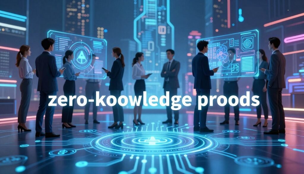 A visually striking representation of "zero-knowledge proofs" in a modern blockchain context. In the foreground, stylized digital ledgers with glowing circuits and intricate cryptographic symbols, signifying data privacy. The middle ground features a diverse group of professionals, dressed in business attire, engaging in discussion with holographic displays of blockchain technology around them. The background consists of an abstract digital cityscape, illuminated with neon colors and soft blue lights, signifying innovation and technology. The lighting is bright and futuristic, casting reflections on smooth surfaces, contributing to a high-tech atmosphere. The overall mood is one of collaboration, discovery, and advancement in privacy technology, emphasizing the significance of zero-knowledge proofs in enhancing blockchain security.