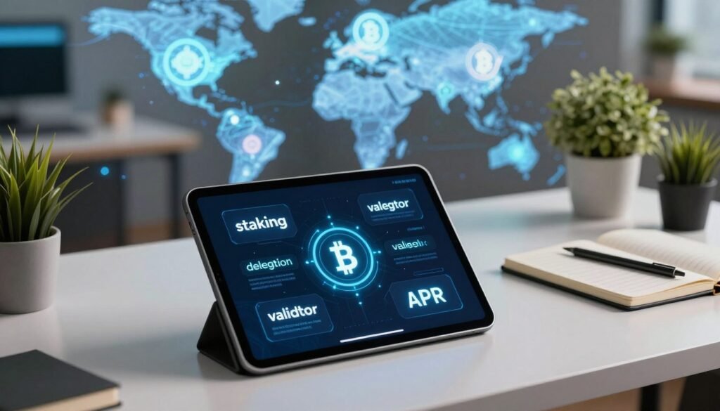 A well-organized composition depicting the essential key terms of crypto staking. In the foreground, a sleek digital tablet displays various crypto terms such as "staking," "delegation," "validator," and "APR" in a visually appealing, interactive format. In the middle ground, a stylish office setting with a modern workspace ambiance: a clear desk with accessories like a notebook, stylus, and a stylish plant. The background features an abstract digital world map with glowing cryptocurrency symbols intertwined with blockchain motifs, suggesting a global network. Soft, ambient lighting creates a professional and inviting atmosphere, with a focus on the tablet, captured from a slightly elevated angle to draw attention to the key terms. The scene is clean and modern, evoking a sense of innovation and professionalism.