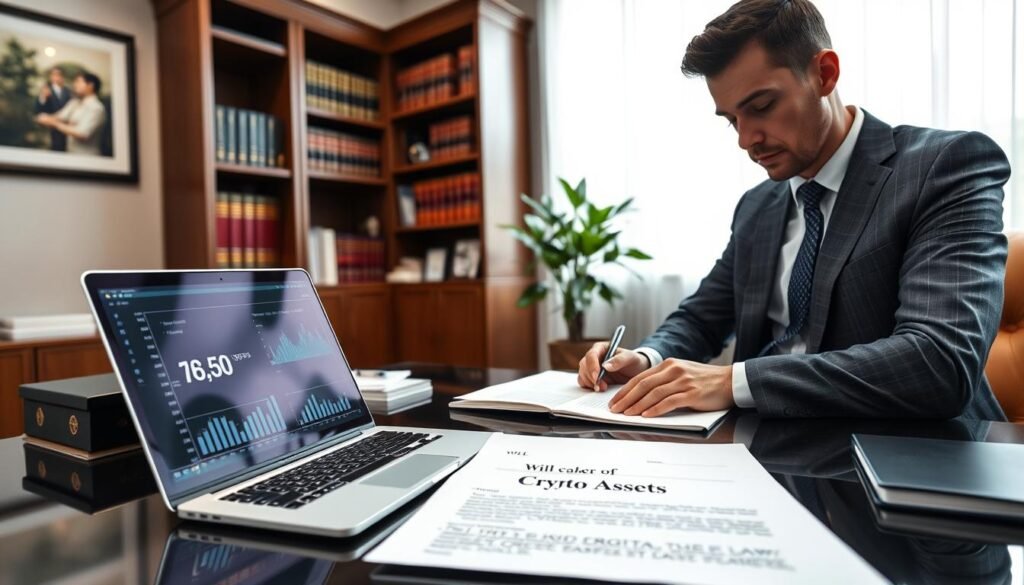 A well-organized desk in an upscale office setting, featuring a modern laptop displaying digital cryptocurrency wallets and graphs. In the foreground, a professional-looking individual in business attire is carefully reviewing estate planning documents and a will, with a focus on a pen poised over a sheet labeled "Crypto Assets." The middle ground includes an elegant wooden bookshelf filled with law books and digital asset guides, while a potted plant adds a touch of warmth. In the background, large windows let in soft, natural light, casting a calm atmosphere. The scene conveys professionalism, trust, and the importance of careful planning in the realm of cryptocurrency inheritance and estate management.