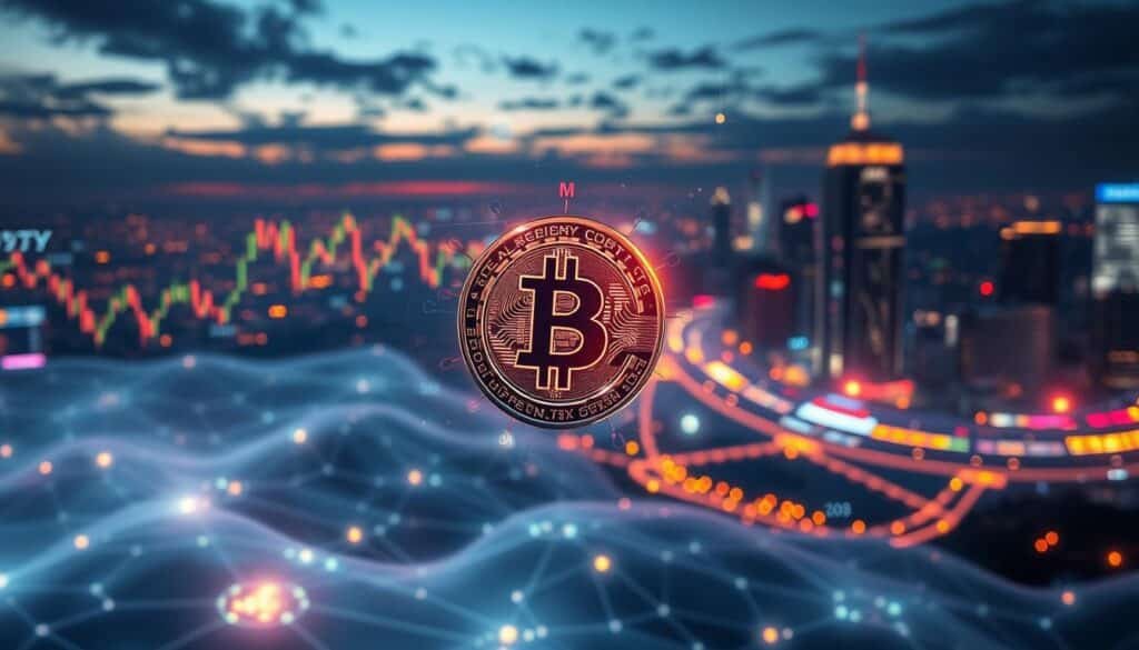 An abstract digital representation of the cryptocurrency market, focusing on low cap coins under $1. In the foreground, visualize an ethereal, floating cryptocurrency coin surrounded by glowing charts and graphs displaying fluctuating market values. The middle ground features a stylized digital landscape with a network of interconnected nodes symbolizing blockchain activity. The background should have an expansive, futuristic cityscape at dusk, illuminated by vibrant neon lights, creating a dynamic and engaging atmosphere. Soft, dramatic lighting enhances the focus on the coin, casting subtle shadows that evoke depth. Use a wide-angle lens to capture the vastness of the scene, while maintaining clear details of the coin and market data. The overall mood should be one of potential and excitement, reflecting the complex nature of cryptocurrency investments. An abstract digital representation of the cryptocurrency market, focusing on low cap coins under $1. In the foreground, visualize an ethereal, floating cryptocurrency coin surrounded by glowing charts and graphs displaying fluctuating market values. The middle ground features a stylized digital landscape with a network of interconnected nodes symbolizing blockchain activity. The background should have an expansive, futuristic cityscape at dusk, illuminated by vibrant neon lights, creating a dynamic and engaging atmosphere. Soft, dramatic lighting enhances the focus on the coin, casting subtle shadows that evoke depth. Use a wide-angle lens to capture the vastness of the scene, while maintaining clear details of the coin and market data. The overall mood should be one of potential and excitement, reflecting the complex nature of cryptocurrency investments.