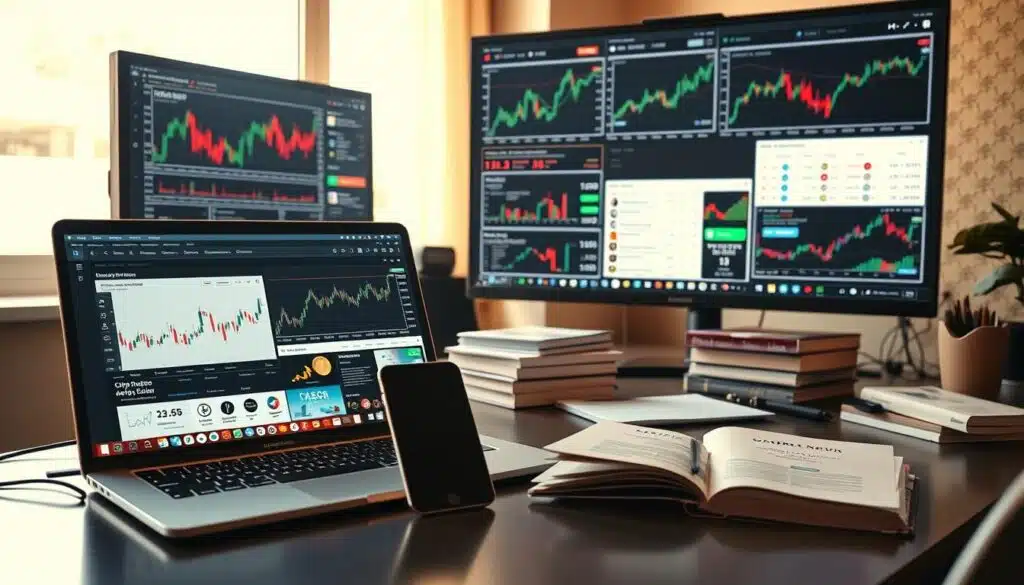 An engaging workspace scene depicting various cryptocurrency news websites on multiple computer screens. In the foreground, focus on a sleek desk with a laptop open to a crypto news site featuring graphs and headlines. A smartphone stands beside it, displaying a cryptocurrency app. In the middle ground, a large monitor displays vibrant, interactive charts and news articles. Books and reports on cryptocurrency analysis clutter the desk, adding authenticity. In the background, a window lets in warm, natural light, creating a bright atmosphere. The overall mood conveys professionalism and diligence, reflecting the importance of evaluating news sources for accuracy. The scene should evoke a sense of trustworthiness and diligence in navigating the digital landscape of cryptocurrency news.