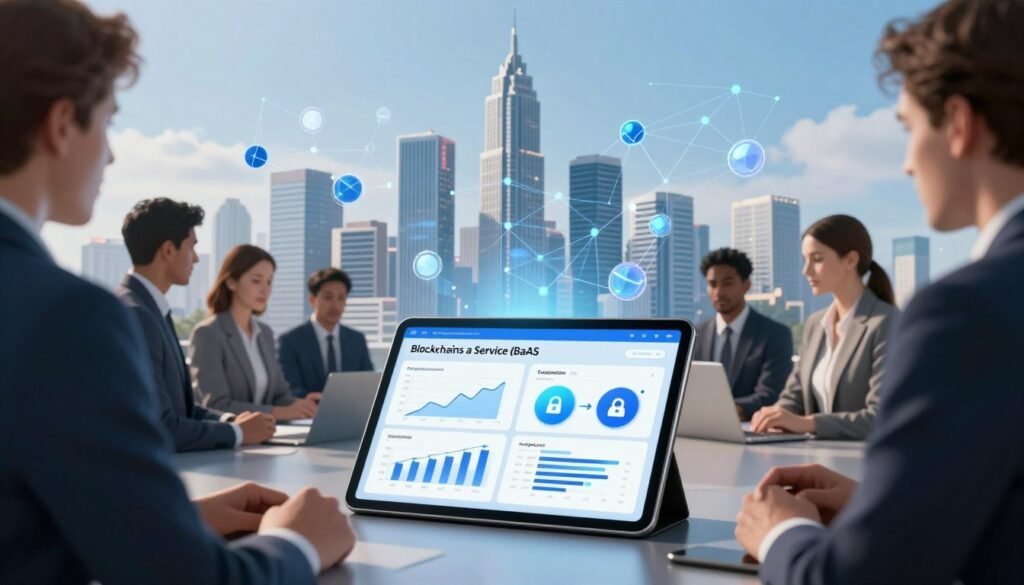 An illustration depicting a professional comparison of Blockchain as a Service (BaaS) platforms for enterprises. In the foreground, a sleek digital tablet displays graphs and data points comparing various BaaS features like scalability, security, and integrations, surrounded by business professionals in smart attire engaged in discussion. The middle layer features a cityscape with office buildings to symbolize the corporate environment, and virtual elements like blockchain nodes and interconnected networks overlaying the scene. The background shows a clear blue sky, casting natural light onto the scene, creating a balanced atmosphere of innovation and collaboration. Use a cinematic angle to emphasize the strategic importance of BaaS in modern enterprises.