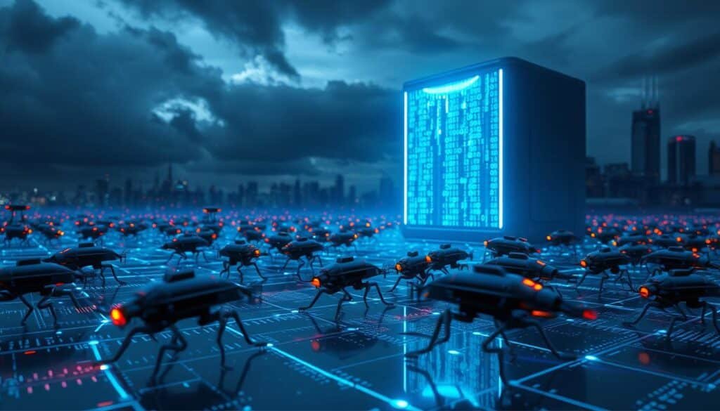 In a futuristic digital landscape, a swarm of data-harvesting bots actively collecting information from various sources. In the foreground, sleek, metallic bots with illuminated circuits scuttle across a holographic representation of interconnected data nodes. The middle ground features a large, glowing server with binary code cascading down its surface, casting a soft blue light. In the background, a dark, cloudy skyline suggests a foreboding atmosphere, emphasizing the risks associated with digital scams. The lighting is moody, with contrasts of neon shades creating an uneasy tension. The scene captures the essence of activity and surveillance while reflecting the anonymity and hidden dangers of data collection in the cyber world.