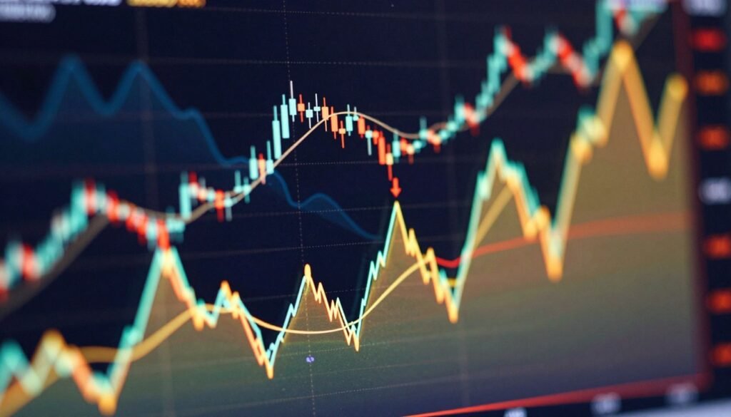 Vibrant representation of impulse waves in a cryptocurrency chart, showcasing strong upward and downward movements. In the foreground, display a bold wave pattern with peaks and troughs, illustrating various phases of impulse waves. The middle layer features a digital representation of candlestick charts, capturing the essence of trading activity with bright colors against a darker background. In the background, abstract geometric shapes symbolize market volatility and momentum. Use dynamic lighting to accentuate the peaks of the waves, creating a sense of movement and energy. The mood is electric and optimistic, reflecting the potential of cryptocurrency investments while maintaining clarity and professionalism. The perspective is slightly angled to emphasize the depth of the chart's structure.