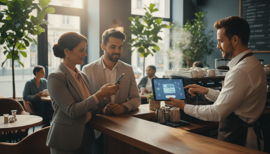 A bustling urban café scene representing everyday crypto payments. In the foreground, a diverse group of individuals, including a middle-aged woman in business casual attire and a young man in smart casual wear, are engaged in using their smartphones to make crypto transactions. In the middle, a stylish barista stands behind the counter, accepting a digital payment on a tablet, with a crypto wallet app visibly displayed. The background shows a modern café interior with plants, comfortable seating, and patrons enjoying their drinks, emphasizing community. Soft, natural lighting filters through the café windows, creating a welcoming atmosphere. The angle captures the action of the transaction, highlighting the integration of crypto into daily life while maintaining a professional and friendly vibe. A bustling urban café scene representing everyday crypto payments. In the foreground, a diverse group of individuals, including a middle-aged woman in business casual attire and a young man in smart casual wear, are engaged in using their smartphones to make crypto transactions. In the middle, a stylish barista stands behind the counter, accepting a digital payment on a tablet, with a crypto wallet app visibly displayed. The background shows a modern café interior with plants, comfortable seating, and patrons enjoying their drinks, emphasizing community. Soft, natural lighting filters through the café windows, creating a welcoming atmosphere. The angle captures the action of the transaction, highlighting the integration of crypto into daily life while maintaining a professional and friendly vibe.