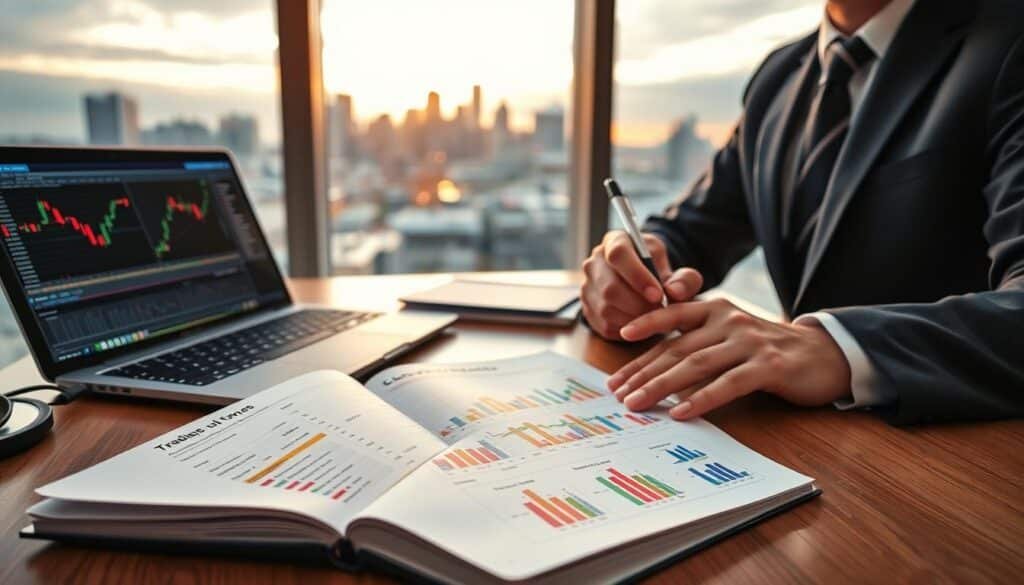 A detailed and organized desk setup featuring a crypto trading journal open to a neatly arranged page displaying color-coded performance metrics and charts. In the foreground, a poised individual in professional business attire writes notes with a pen while analyzing their trading strategies. The middle ground includes a laptop with trading software open, displaying candlestick charts and real-time market data. In the background, a large window reveals a city skyline at dusk, casting a warm golden light into the room. The atmosphere is focused and productive, evoking a sense of diligence and analytical thinking. The lighting is soft yet bright, creating a conducive workspace ambiance, and a shallow depth of field emphasizes the trading journal and market data on the screen. A detailed and organized desk setup featuring a crypto trading journal open to a neatly arranged page displaying color-coded performance metrics and charts. In the foreground, a poised individual in professional business attire writes notes with a pen while analyzing their trading strategies. The middle ground includes a laptop with trading software open, displaying candlestick charts and real-time market data. In the background, a large window reveals a city skyline at dusk, casting a warm golden light into the room. The atmosphere is focused and productive, evoking a sense of diligence and analytical thinking. The lighting is soft yet bright, creating a conducive workspace ambiance, and a shallow depth of field emphasizes the trading journal and market data on the screen.