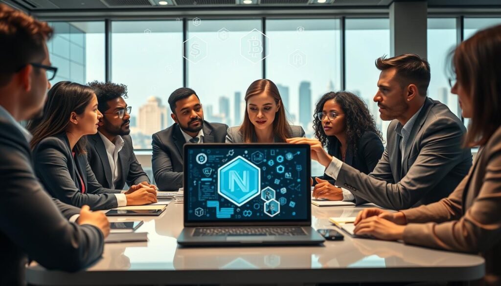 A diverse group of professionals, representing different ethnicities, is engaged in a deep discussion about NFTs and copyright challenges at a modern conference table. In the foreground, a focused woman in business attire points to digital art displayed on a laptop screen, illustrating a NFT piece. The middle ground features various blockchain symbols floating around them, suggesting the complexity and intersection of technology and law. The background consists of a sleek, well-lit office space with large windows showcasing a city skyline, emphasizing a contemporary business setting. The lighting is warm and inviting, creating an atmosphere of collaboration and intellectual inquiry. The camera angle is slightly above eye level, offering an expansive view of the scene while maintaining the focus on the discussion.