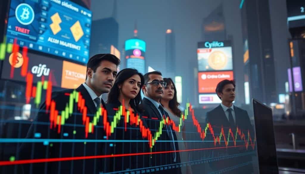 A dramatic representation of crypto market volatility: in the foreground, a stylized digital display with fluctuating candlestick charts and bright, colorful price lines to emphasize rapid movement. In the middle ground, a diverse group of business professionals observing the charts intently, wearing professional attire, showcasing varied expressions of concern and excitement. The background features a futuristic city skyline with digital billboards showing cryptocurrency symbols, illuminated by neon lights. The atmosphere is charged and dynamic, hinting at the unpredictable nature of the market. Use dramatic, contrasting lighting to highlight the tension in the scene, with a slightly tilted camera angle to create a sense of instability.