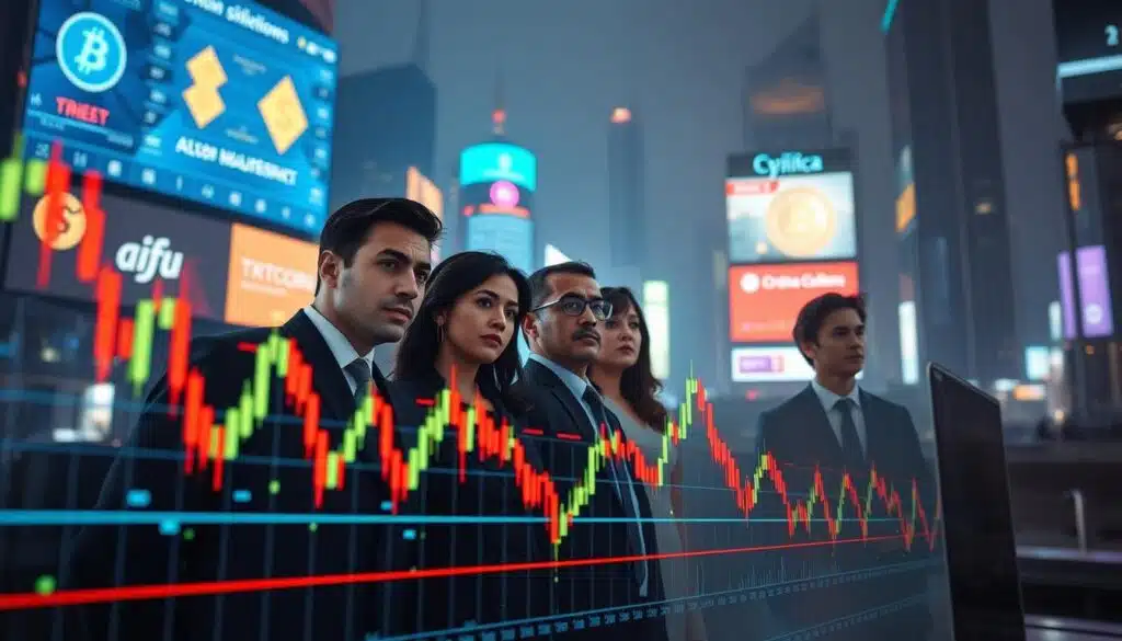 A dramatic representation of crypto market volatility: in the foreground, a stylized digital display with fluctuating candlestick charts and bright, colorful price lines to emphasize rapid movement. In the middle ground, a diverse group of business professionals observing the charts intently, wearing professional attire, showcasing varied expressions of concern and excitement. The background features a futuristic city skyline with digital billboards showing cryptocurrency symbols, illuminated by neon lights. The atmosphere is charged and dynamic, hinting at the unpredictable nature of the market. Use dramatic, contrasting lighting to highlight the tension in the scene, with a slightly tilted camera angle to create a sense of instability. A dramatic representation of crypto market volatility: in the foreground, a stylized digital display with fluctuating candlestick charts and bright, colorful price lines to emphasize rapid movement. In the middle ground, a diverse group of business professionals observing the charts intently, wearing professional attire, showcasing varied expressions of concern and excitement. The background features a futuristic city skyline with digital billboards showing cryptocurrency symbols, illuminated by neon lights. The atmosphere is charged and dynamic, hinting at the unpredictable nature of the market. Use dramatic, contrasting lighting to highlight the tension in the scene, with a slightly tilted camera angle to create a sense of instability.