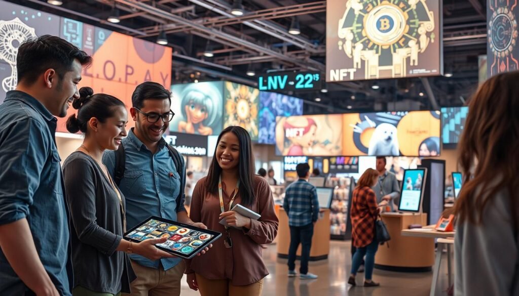 A dynamic scene depicting the concept of building an NFT community from the ground up. In the foreground, a diverse group of four professionals in modest casual clothing gather around a high-tech digital tablet, engaging in animated discussion and showcasing colorful NFT artwork. In the middle ground, a vibrant marketplace buzzes with activity, featuring various NFT kiosks and interactive displays. In the background, large screens project visualized blockchain data and diverse digital art pieces, symbolizing creativity and innovation. The lighting is warm and inviting, emphasizing a sense of collaboration and excitement. The atmosphere conveys a blend of enthusiasm and professionalism, suitable for an optimistic and innovative environment in the world of NFTs. A dynamic scene depicting the concept of building an NFT community from the ground up. In the foreground, a diverse group of four professionals in modest casual clothing gather around a high-tech digital tablet, engaging in animated discussion and showcasing colorful NFT artwork. In the middle ground, a vibrant marketplace buzzes with activity, featuring various NFT kiosks and interactive displays. In the background, large screens project visualized blockchain data and diverse digital art pieces, symbolizing creativity and innovation. The lighting is warm and inviting, emphasizing a sense of collaboration and excitement. The atmosphere conveys a blend of enthusiasm and professionalism, suitable for an optimistic and innovative environment in the world of NFTs.