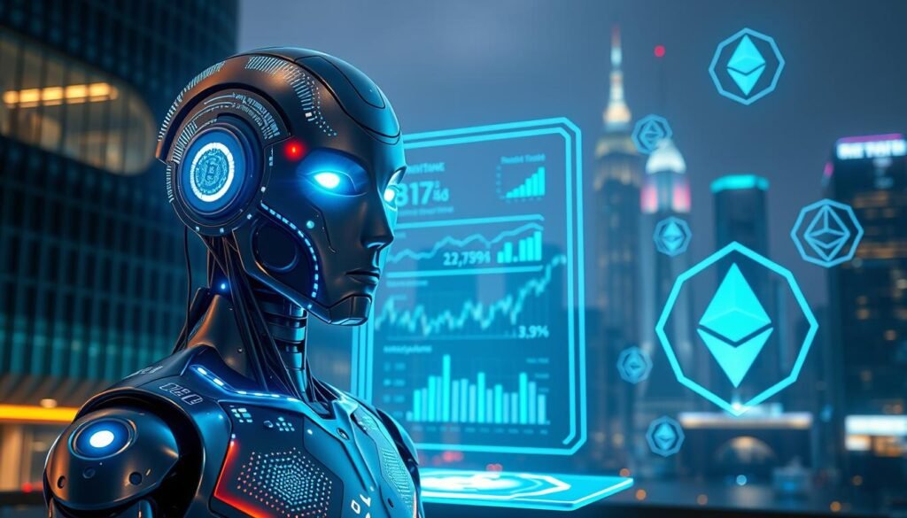 A futuristic crypto AI agent stands in the foreground, featuring a sleek humanoid design with glowing circuit patterns on its metallic surface. Its eyes emit a soft blue light, symbolizing advanced intelligence. In the middle ground, a holographic interface displays real-time cryptocurrency data and charts, pulsating with digital energy. Surrounding the agent, floating geometric shapes of popular cryptocurrencies—like Bitcoin and Ethereum—enhance the scene. In the background, a modern city skyline is illuminated by neon lights, suggesting a vibrant, tech-driven future. The atmosphere is dynamic and energetic, with a cinematic lighting setup highlighting the AI’s features. The angle of the image is slightly elevated, offering a clear view of both the AI agent and the bustling crypto environment around it. A futuristic crypto AI agent stands in the foreground, featuring a sleek humanoid design with glowing circuit patterns on its metallic surface. Its eyes emit a soft blue light, symbolizing advanced intelligence. In the middle ground, a holographic interface displays real-time cryptocurrency data and charts, pulsating with digital energy. Surrounding the agent, floating geometric shapes of popular cryptocurrencies—like Bitcoin and Ethereum—enhance the scene. In the background, a modern city skyline is illuminated by neon lights, suggesting a vibrant, tech-driven future. The atmosphere is dynamic and energetic, with a cinematic lighting setup highlighting the AI’s features. The angle of the image is slightly elevated, offering a clear view of both the AI agent and the bustling crypto environment around it.