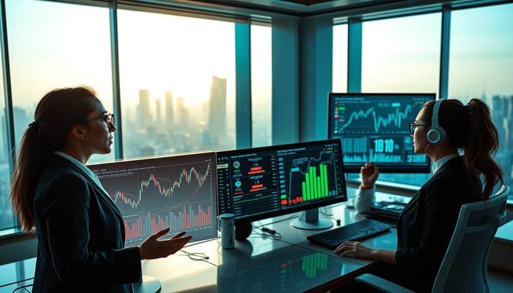 A futuristic office environment featuring a diverse group of three professionals immersed in their work, analyzing cryptocurrency data on sleek digital displays. In the foreground, a woman in business attire, with glasses, studies a holographic graph depicting market trends. The middle ground showcases advanced computer screens filled with colorful crypto charts and AI algorithms. The background reveals a city skyline through panoramic windows, bathed in soft, natural light, creating a productive atmosphere. High-tech elements like virtual assistants and robotic devices subtly integrated throughout. The mood is focused and innovative, symbolizing the intersection of AI and cryptocurrency research in 2026. The image captures the essence of "crypto market automation" with a blend of modern technology and professionalism. A futuristic office environment featuring a diverse group of three professionals immersed in their work, analyzing cryptocurrency data on sleek digital displays. In the foreground, a woman in business attire, with glasses, studies a holographic graph depicting market trends. The middle ground showcases advanced computer screens filled with colorful crypto charts and AI algorithms. The background reveals a city skyline through panoramic windows, bathed in soft, natural light, creating a productive atmosphere. High-tech elements like virtual assistants and robotic devices subtly integrated throughout. The mood is focused and innovative, symbolizing the intersection of AI and cryptocurrency research in 2026. The image captures the essence of "crypto market automation" with a blend of modern technology and professionalism.
