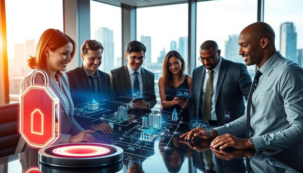 A futuristic office setting with a diverse group of professionals, including a Caucasian woman and a Black man, wearing business attire, collaboratively analyzing a digital interface displaying blockchain networks intertwined with property listings. In the foreground, a glowing, holographic representation of a keychain NFT hovering above a desk, symbolizing ownership of real estate. In the middle, the digital maps and graphics of urban real estate connected by blockchain ledgers, showcasing property data and transactions. The background features a modern city skyline through large windows, bathed in warm, natural light, creating an optimistic and innovative atmosphere. The scene conveys a sense of collaboration and technological advancement in the realm of real estate investment.