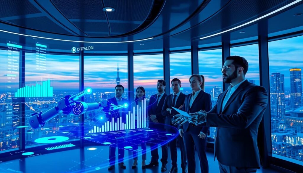 A futuristic, sleek office environment showcasing multiple autonomous crypto trading agents in action. In the foreground, a holographic display of cryptocurrency charts illuminates the scene, with floating data points and graphs hovering around robotic arms that are executing trades. The middle ground features a diverse group of professional business people observing the digital landscape, dressed in business attire, with expressions of focus and determination. The background is filled with panoramic windows revealing a cityscape at dusk, with vibrant lights reflecting the high-tech ambiance. The lighting is dynamic with a cool blue and green palette, enhancing the technological feel. The overall mood is one of innovation and excitement about the future of trading, emphasizing the seamless integration of AI in financial markets.
