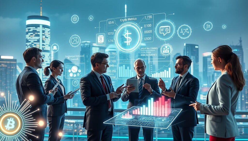 A high-tech digital representation of "AI Crypto Risk Scoring," showcasing a futuristic city skyline in the background, illuminated by neon lights. In the foreground, a diverse group of professionals in smart business attire engages with large holographic displays, analyzing complex data visualizations of crypto risk metrics. Icons and graphs depicting risk levels, algorithms, and blockchain technology float around them. The middle layer features glowing circuit patterns and abstract representations of artificial intelligence elements, creating a sense of depth. Soft blue and green lighting bathes the scene, evoking a cutting-edge and optimistic atmosphere. The image captures an innovative, collaborative environment, emphasizing technology's role in finance.