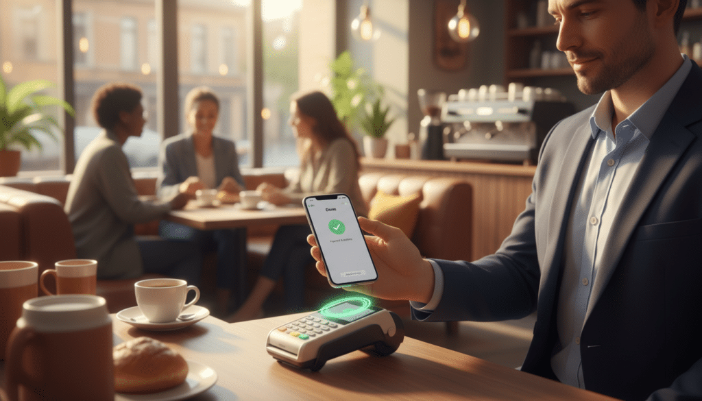 A modern Apple Pay transaction process depicted in a bright, well-lit café setting, showcasing a sleek smartphone displaying the Apple Pay interface. In the foreground, a person in professional business attire is making a payment, holding the phone towards a contactless payment terminal; their expression reflects focus and satisfaction. In the middle ground, the terminal lights up, showing a successful transaction animation. The background features a cozy café ambiance with elegantly arranged tables, soft lighting, and blurred patrons enjoying their drinks. The overall atmosphere should convey convenience and innovation, suggesting a modern lifestyle in 2026. Use a wide-angle lens for depth, with a warm color palette to enhance approachability.
