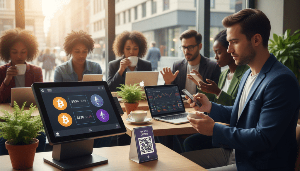 A modern café setting that showcases everyday crypto payment solutions. In the foreground, a sleek touchscreen point-of-sale terminal displays various cryptocurrency options such as Bitcoin and Ethereum. Nearby, a young professional in smart casual attire, holding a smartphone, makes a payment using a QR code displayed on the table. In the middle ground, a diverse group of patrons, engaged in conversation, with laptops and tablets showcasing crypto wallets and charts. The background features a large window allowing natural light to flood in, giving a warm, inviting atmosphere. Soft focus on intricate coffee art and plants on the tables, enriching the scene. The image conveys a vibrant, tech-savvy mood, emphasizing the integration of cryptocurrency in daily life, captured with a high-quality lens for depth and clarity. A modern café setting that showcases everyday crypto payment solutions. In the foreground, a sleek touchscreen point-of-sale terminal displays various cryptocurrency options such as Bitcoin and Ethereum. Nearby, a young professional in smart casual attire, holding a smartphone, makes a payment using a QR code displayed on the table. In the middle ground, a diverse group of patrons, engaged in conversation, with laptops and tablets showcasing crypto wallets and charts. The background features a large window allowing natural light to flood in, giving a warm, inviting atmosphere. Soft focus on intricate coffee art and plants on the tables, enriching the scene. The image conveys a vibrant, tech-savvy mood, emphasizing the integration of cryptocurrency in daily life, captured with a high-quality lens for depth and clarity.