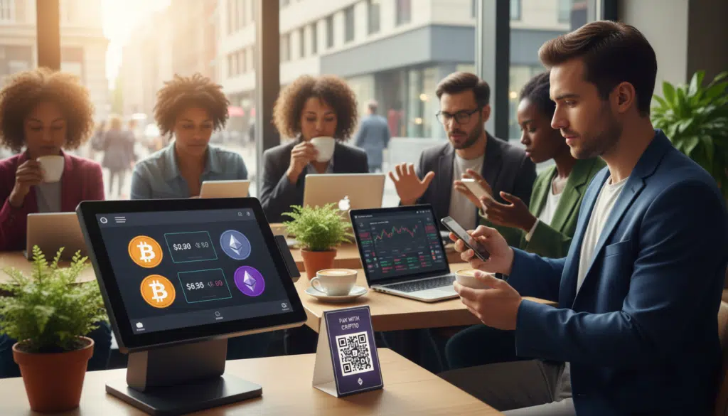 A modern café setting that showcases everyday crypto payment solutions. In the foreground, a sleek touchscreen point-of-sale terminal displays various cryptocurrency options such as Bitcoin and Ethereum. Nearby, a young professional in smart casual attire, holding a smartphone, makes a payment using a QR code displayed on the table. In the middle ground, a diverse group of patrons, engaged in conversation, with laptops and tablets showcasing crypto wallets and charts. The background features a large window allowing natural light to flood in, giving a warm, inviting atmosphere. Soft focus on intricate coffee art and plants on the tables, enriching the scene. The image conveys a vibrant, tech-savvy mood, emphasizing the integration of cryptocurrency in daily life, captured with a high-quality lens for depth and clarity. A modern café setting that showcases everyday crypto payment solutions. In the foreground, a sleek touchscreen point-of-sale terminal displays various cryptocurrency options such as Bitcoin and Ethereum. Nearby, a young professional in smart casual attire, holding a smartphone, makes a payment using a QR code displayed on the table. In the middle ground, a diverse group of patrons, engaged in conversation, with laptops and tablets showcasing crypto wallets and charts. The background features a large window allowing natural light to flood in, giving a warm, inviting atmosphere. Soft focus on intricate coffee art and plants on the tables, enriching the scene. The image conveys a vibrant, tech-savvy mood, emphasizing the integration of cryptocurrency in daily life, captured with a high-quality lens for depth and clarity.