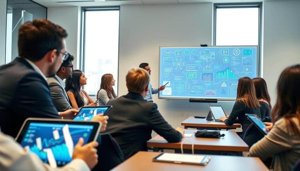 A modern classroom setting focused on blockchain education. In the foreground, a diverse group of students, dressed in professional business attire, engage with digital devices displaying blockchain diagrams and data streams. In the middle ground, an instructor uses a digital whiteboard enhanced with colorful blockchain graphics, illustrating key concepts. The background features large windows letting in soft, natural light, creating an inviting atmosphere filled with knowledge. The overall mood is energetic and innovative, symbolizing the fusion of technology and education. The camera angle is slightly elevated, capturing the dynamic interactions in a well-lit, contemporary environment, emphasizing the forward-thinking nature of blockchain applications in learning.