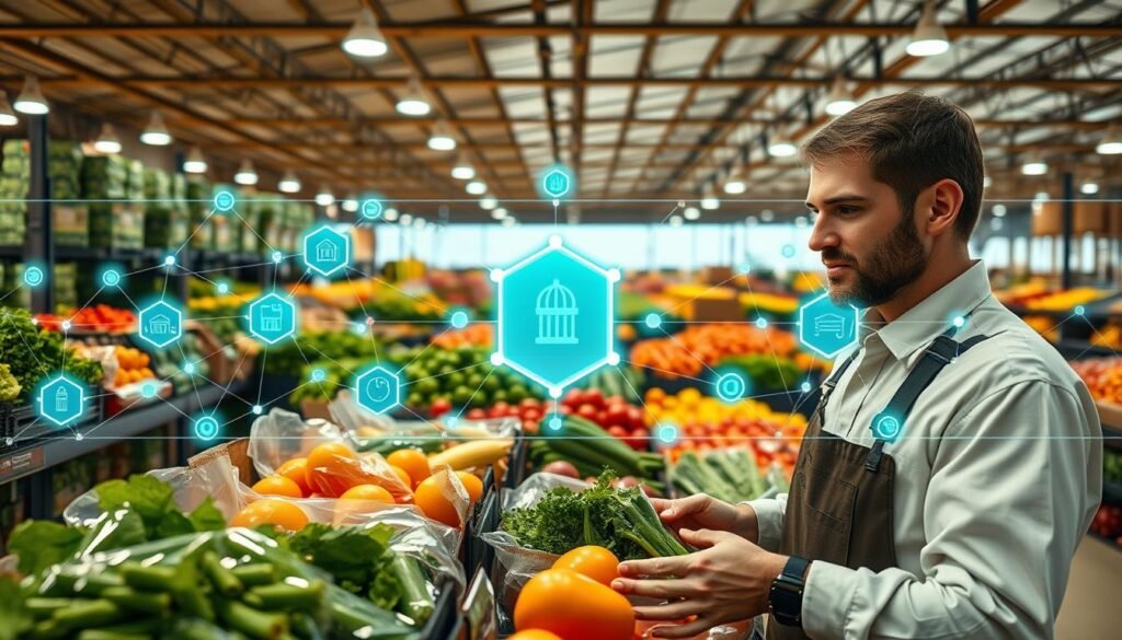 A modern food supply chain with visible transparency, showcasing diverse agricultural products in clear packaging. In the foreground, a farmer in professional attire is inspecting fresh produce, symbolizing trust and authenticity. The middle layer features a sleek, high-tech blockchain interface overlay demonstrating the tracking of food items, represented by glowing nodes and lines connecting farms to consumers. In the background, a vibrant landscape of farms and warehouses illustrates the journey from field to table. Soft, natural lighting creates a warm atmosphere, while the scene captures a sense of innovation and forward-thinking, reflecting the demand for transparency in commerce. A wide-angle lens perspective enhances the depth of the scene, promoting a sense of connection and trust in the food supply chain. A modern food supply chain with visible transparency, showcasing diverse agricultural products in clear packaging. In the foreground, a farmer in professional attire is inspecting fresh produce, symbolizing trust and authenticity. The middle layer features a sleek, high-tech blockchain interface overlay demonstrating the tracking of food items, represented by glowing nodes and lines connecting farms to consumers. In the background, a vibrant landscape of farms and warehouses illustrates the journey from field to table. Soft, natural lighting creates a warm atmosphere, while the scene captures a sense of innovation and forward-thinking, reflecting the demand for transparency in commerce. A wide-angle lens perspective enhances the depth of the scene, promoting a sense of connection and trust in the food supply chain.