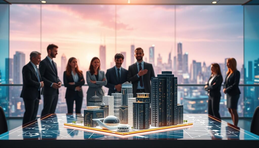 A modern, visually engaging depiction of NFT real estate investing. In the foreground, a diverse group of professionals in business attire gather around a digital table displaying a 3D model of a futuristic cityscape filled with high-tech buildings, represented as NFTs. The middle ground features an animated blockchain network glowing softly, symbolizing transaction transparency. In the background, a vibrant skyline transitions from traditional real estate to digital architecture, highlighting the evolution of property investment. The atmosphere should feel innovative and optimistic, with bright, warm lighting that embodies the excitement of emerging technologies. The perspective is slightly elevated, providing an expansive view of both the digital and physical realms of real estate.