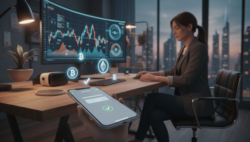 A modern workspace scene illustrating the concept of "Apple Pay digital economy" with a futuristic touch. In the foreground, a sleek smartphone displays the Apple Pay interface, surrounded by cryptocurrency symbols like Bitcoin and Ethereum. In the middle ground, a professional individual in smart casual attire is engaged in a transaction on the phone, reflecting focus and ease. The background features a stylish desk cluttered with tech gadgets and a vibrant digital chart showing market trends, symbolizing the evolving economy. Illuminate the space with soft, ambient lighting to create a welcoming atmosphere, using a slightly blurred bokeh effect that draws attention to the smartphone. A wide-angle lens perspective captures the dynamic environment, enhancing the feeling of modernity and innovation. The overall mood should be optimistic and forward-looking, embodying the seamless integration of digital finance into everyday life.