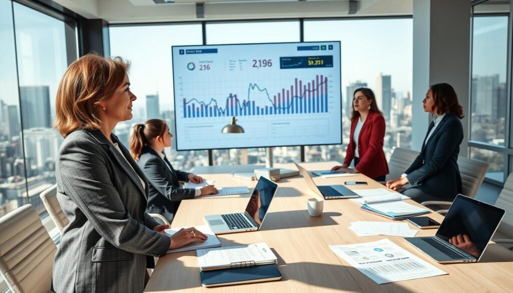 A professional office setting showcasing a diverse group of business individuals analyzing charts and data on a large digital screen, symbolizing crypto tax loss harvesting for 2026. In the foreground, a middle-aged woman in a smart business outfit points at a graph, with a thoughtful expression. The middle ground features a modern conference table cluttered with laptops, notebooks, and crypto-related tax documents, while the background displays a large city skyline through a glass wall, suggesting a bright future in finance. Bright, natural lighting streams in, casting soft shadows, and the scene is composed with a slight low angle to emphasize the authority of the individuals. The overall mood is collaborative and focused, highlighting the importance of financial strategy in the evolving world of cryptocurrency. A professional office setting showcasing a diverse group of business individuals analyzing charts and data on a large digital screen, symbolizing crypto tax loss harvesting for 2026. In the foreground, a middle-aged woman in a smart business outfit points at a graph, with a thoughtful expression. The middle ground features a modern conference table cluttered with laptops, notebooks, and crypto-related tax documents, while the background displays a large city skyline through a glass wall, suggesting a bright future in finance. Bright, natural lighting streams in, casting soft shadows, and the scene is composed with a slight low angle to emphasize the authority of the individuals. The overall mood is collaborative and focused, highlighting the importance of financial strategy in the evolving world of cryptocurrency.