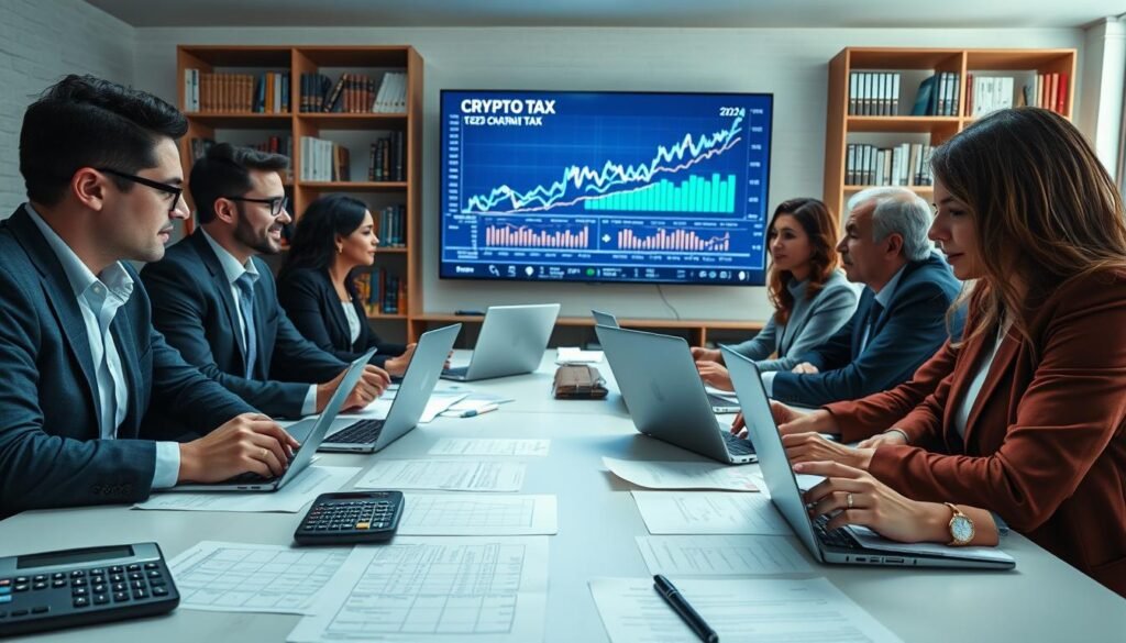 A professional setting depicting a diverse group of individuals, dressed in business attire, engaged in a discussion around a large table filled with laptops, cryptocurrency charts, and tax documents. In the foreground, a calculator and a notepad with notes about crypto tax strategies are visible. In the middle, a large digital screen displays complex graphs of cryptocurrency trends and taxation information, casting a soft blue light. The background features shelves with books on finance and cryptocurrency. The atmosphere is focused and collaborative, conveying a sense of understanding and strategy. The lighting is bright and inviting, suggesting a productive working environment, shot from a slightly elevated angle to capture the interaction and details. A professional setting depicting a diverse group of individuals, dressed in business attire, engaged in a discussion around a large table filled with laptops, cryptocurrency charts, and tax documents. In the foreground, a calculator and a notepad with notes about crypto tax strategies are visible. In the middle, a large digital screen displays complex graphs of cryptocurrency trends and taxation information, casting a soft blue light. The background features shelves with books on finance and cryptocurrency. The atmosphere is focused and collaborative, conveying a sense of understanding and strategy. The lighting is bright and inviting, suggesting a productive working environment, shot from a slightly elevated angle to capture the interaction and details.