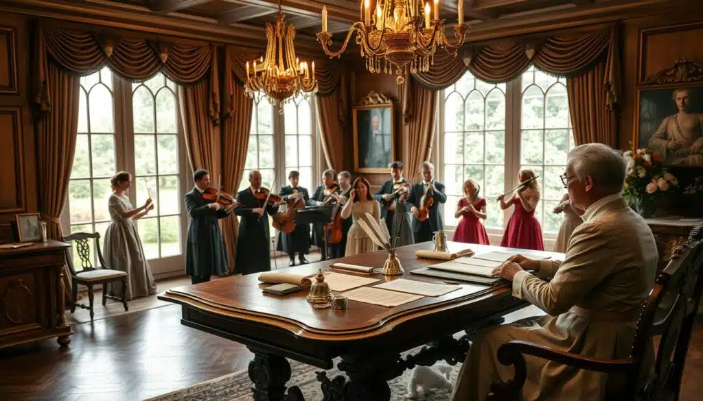 A serene, elegant room representing traditional royalty distribution in music. In the foreground, a beautifully dressed figure in professional attire sits at an ornate wooden table strewn with parchment contracts, quills, and metallic ink pots, embodying the role of a music distributor. The middle ground features an array of musicians in historical attire, eagerly presenting their compositions, surrounded by regal decorations like chandeliers and velvet drapes. In the background, a window reveals a lush garden, symbolizing the flourishing of creativity. Soft, warm lighting highlights the richness of the wood, the glitter of gold accents, and the various textures of fabrics, creating a nostalgic, dignified atmosphere that reflects the theme of royalty distribution's evolution.
