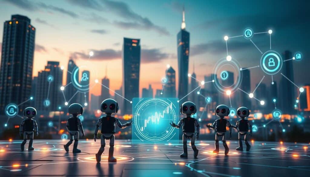 A vibrant and futuristic digital landscape depicting a crypto AI agents ecosystem. In the foreground, several small humanoid robots, dressed in professional business attire, interact with holographic displays showcasing real-time cryptocurrency charts and trading data. The middle ground features a network of interconnected nodes symbolizing blockchain technology, with glowing connections pulsing between them. In the background, a cityscape of towering, glassy skyscrapers under a twilight sky, with city lights reflecting a sense of advanced technology and innovation. Soft, ambient lighting creates a mysterious yet optimistic atmosphere, highlighting the fusion of AI and cryptocurrency. The angle should be slightly elevated, capturing the depth and complexity of the ecosystem, emphasizing the role of AI in autonomous trading.