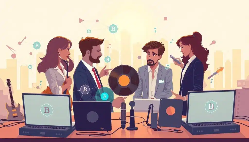 A vibrant and interconnected music industry ecosystem depicted in a stylized illustration. In the foreground, a diverse group of four business professionals, dressed in professional attire, engage in a brainstorming session, surrounded by laptops and digital devices displaying blockchain graphics. In the middle ground, visualize musical elements like guitars, vinyl records, and microphones, blending seamlessly with digital nodes representing blockchain technology. The background features abstract cityscape silhouettes, symbolizing the global music industry. Soft, warm lighting creates an inviting atmosphere while showcasing the contrast between traditional music instruments and futuristic digital components. The composition should be dynamic, conveying growth and innovation in music royalties through blockchain technology, with a slightly elevated perspective for depth.
