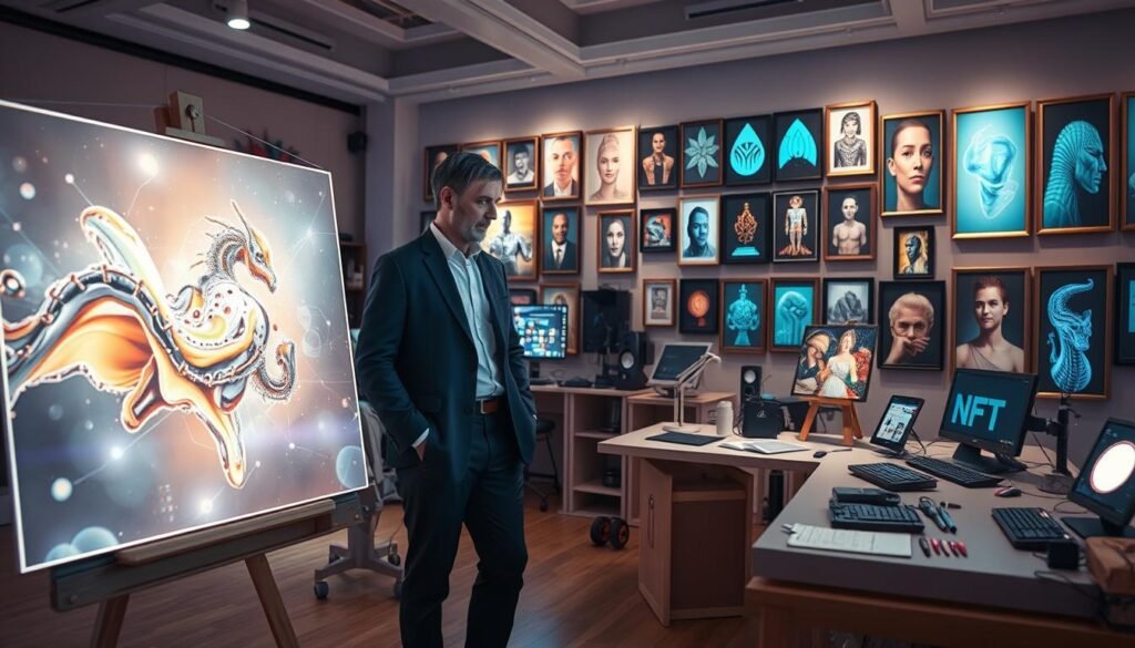 A vibrant, futuristic art studio where the convergence of AI and NFT art comes to life. In the foreground, a sleek digital canvas displays a mesmerizing abstract piece generated by AI, emitting a soft glow. Next to it, a digital artist in professional attire studies the artwork, deep in thought, surrounded by holographic displays showcasing various NFTs. The middle ground features high-tech computers and art supplies blending traditional and modern techniques. The background boasts a gallery wall filled with NFT frames, each displaying unique digital art pieces. Soft, ambient lighting creates an inspiring atmosphere, while a sense of innovation and creativity permeates the scene. The angle is slightly elevated to capture the dynamic interplay between technology and artistry. A vibrant, futuristic art studio where the convergence of AI and NFT art comes to life. In the foreground, a sleek digital canvas displays a mesmerizing abstract piece generated by AI, emitting a soft glow. Next to it, a digital artist in professional attire studies the artwork, deep in thought, surrounded by holographic displays showcasing various NFTs. The middle ground features high-tech computers and art supplies blending traditional and modern techniques. The background boasts a gallery wall filled with NFT frames, each displaying unique digital art pieces. Soft, ambient lighting creates an inspiring atmosphere, while a sense of innovation and creativity permeates the scene. The angle is slightly elevated to capture the dynamic interplay between technology and artistry.