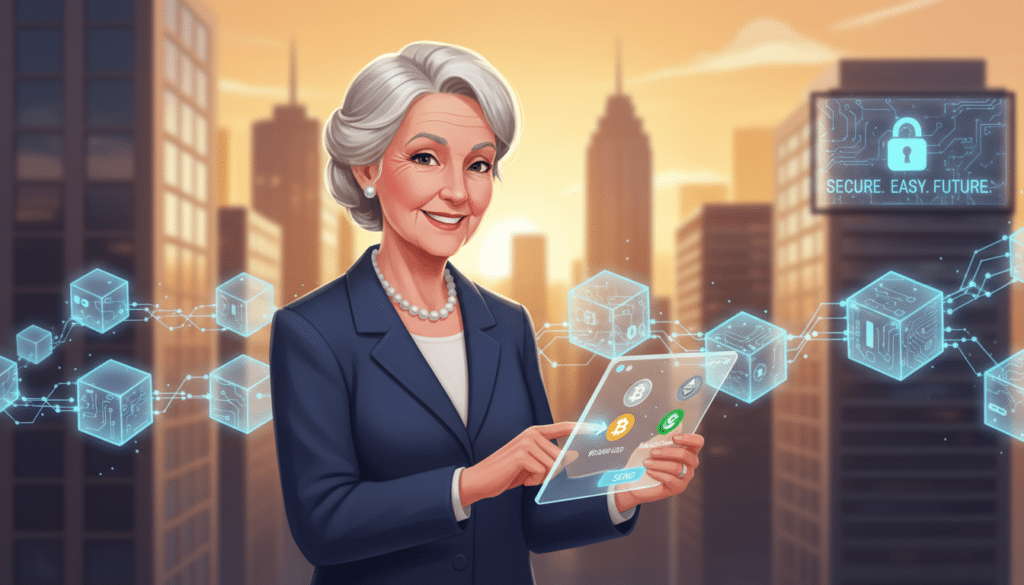 A visually engaging illustration that represents the concept of digital wallets and blockchain technology, aimed at senior citizens. In the foreground, feature a person in professional business attire, perhaps an elderly male or female figure, interacting with a sleek digital device displaying a digital wallet interface, showcasing various cryptocurrencies. The middle ground should include abstract representations of blockchain symbols, such as interconnected blocks and lines, flowing smoothly to suggest connectivity. In the background, create a soft-focus urban environment with elements like skyscrapers and digital billboards, illuminated by warm ambient lighting that evokes a sense of innovation and trust. Use a slightly angled perspective to give depth to the scene, creating an inviting and educational atmosphere suitable for beginners.
