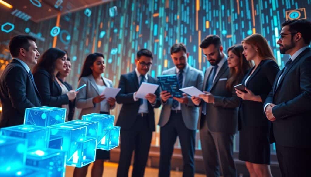 A visually engaging representation of blockchain fundamentals. In the foreground, a stylized 3D blockchain structure composed of interconnected blocks, glowing softly in vibrant shades of blue and green. In the middle ground, a diverse group of professionals in business attire studies the blockchain structure, analyzing digital screens displaying data patterns and educational material. The background features an abstract digital environment with floating binary codes and circuit patterns, emphasizing technological innovation. Soft, ambient lighting accentuates the professionals’ expressions of curiosity and focus, while a warm glow emanates from the blockchain, creating an atmosphere of learning and discovery. The angle is slightly low, giving prominence to the blockchain structure and the interaction between individuals.