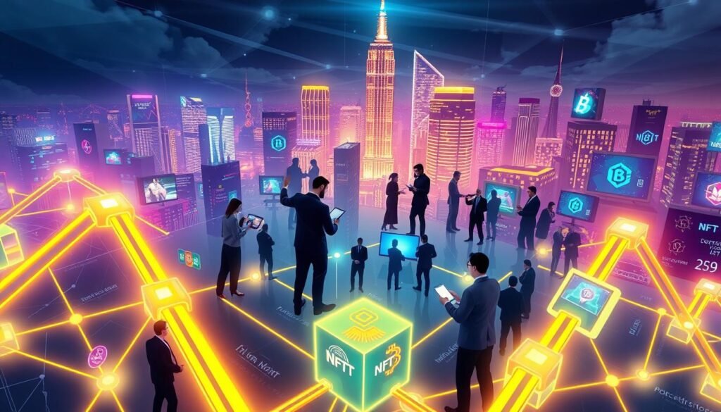 A visually striking illustration depicting the NFT ecosystem and blockchain basics. In the foreground, a stylized blockchain structure made of interconnected digital blocks, glowing with neon colors, prominently features various NFT artworks. The middle layer showcases diverse characters in professional business attire, engaging in discussions around digital devices, representing various facets of the NFT market. In the background, an ethereal city skyline illuminated by digital screens displaying NFT artworks and blockchain motifs, creating an innovative atmosphere. Use dramatic, vibrant lighting to enhance depth and focus. The angle should be slightly elevated to provide a comprehensive view of this interconnected digital landscape, evoking a sense of excitement and future possibilities in the world of NFTs. A visually striking illustration depicting the NFT ecosystem and blockchain basics. In the foreground, a stylized blockchain structure made of interconnected digital blocks, glowing with neon colors, prominently features various NFT artworks. The middle layer showcases diverse characters in professional business attire, engaging in discussions around digital devices, representing various facets of the NFT market. In the background, an ethereal city skyline illuminated by digital screens displaying NFT artworks and blockchain motifs, creating an innovative atmosphere. Use dramatic, vibrant lighting to enhance depth and focus. The angle should be slightly elevated to provide a comprehensive view of this interconnected digital landscape, evoking a sense of excitement and future possibilities in the world of NFTs.
