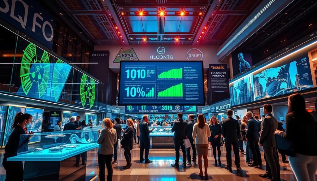A visually striking overview of the NFT copyright infringement landscape in 2026. In the foreground, a digital marketplace is bustling with activity, featuring diverse people in professional business attire engaging with futuristic holographic displays of NFTs. The middle ground showcases a large digital screen displaying key statistics and trends related to NFT copyright cases, illuminated with a blue and green glow. The background features a sleek urban skyline, symbolizing innovation and technology. The lighting is bright and vibrant, suggesting a sense of urgency and opportunity, while capturing a dynamic atmosphere of growth and challenge in the NFT space. Use a wide-angle perspective to emphasize depth and movement, creating an engaging and informative scene.