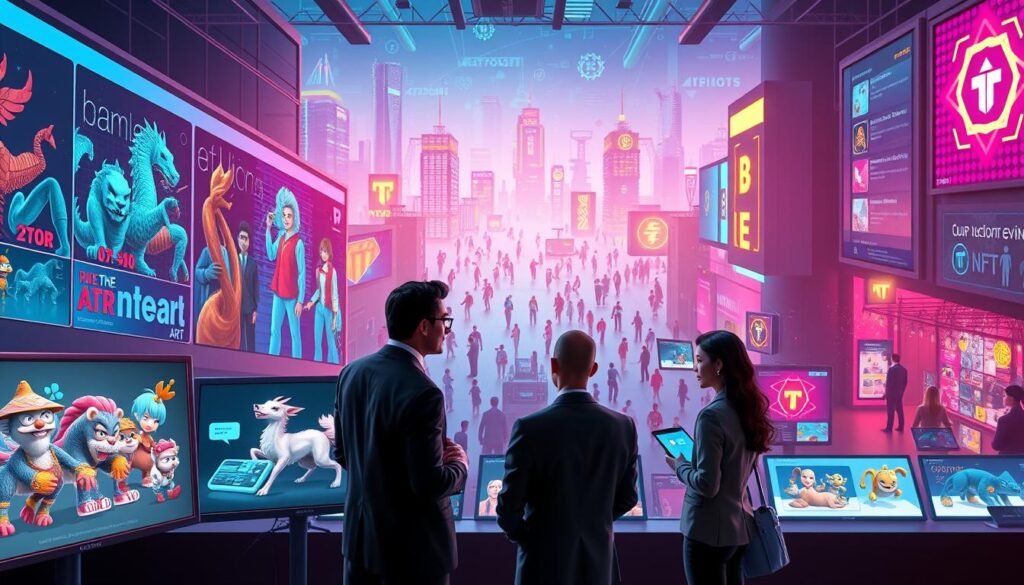 A visually striking representation of the evolution of NFTs, showcasing a timeline of digital art from classic pixel art to modern 3D renderings. In the foreground, feature iconic NFT artworks displayed on digital screens, with a diverse group of professionals in business attire engaging in discussion, symbolizing community connection. In the middle, depict a dynamic scene of a virtual marketplace bustling with avatars trading and showcasing their NFT collections. The background should present a futuristic cityscape with glowing blockchain symbols, all bathed in vibrant neon colors that create an energetic and optimistic atmosphere. Use soft, diffused lighting to highlight the digital screens and marketplace, captured from a slightly elevated angle to encompass the breadth of the scene, emphasizing the excitement around NFT communities. A visually striking representation of the evolution of NFTs, showcasing a timeline of digital art from classic pixel art to modern 3D renderings. In the foreground, feature iconic NFT artworks displayed on digital screens, with a diverse group of professionals in business attire engaging in discussion, symbolizing community connection. In the middle, depict a dynamic scene of a virtual marketplace bustling with avatars trading and showcasing their NFT collections. The background should present a futuristic cityscape with glowing blockchain symbols, all bathed in vibrant neon colors that create an energetic and optimistic atmosphere. Use soft, diffused lighting to highlight the digital screens and marketplace, captured from a slightly elevated angle to encompass the breadth of the scene, emphasizing the excitement around NFT communities.