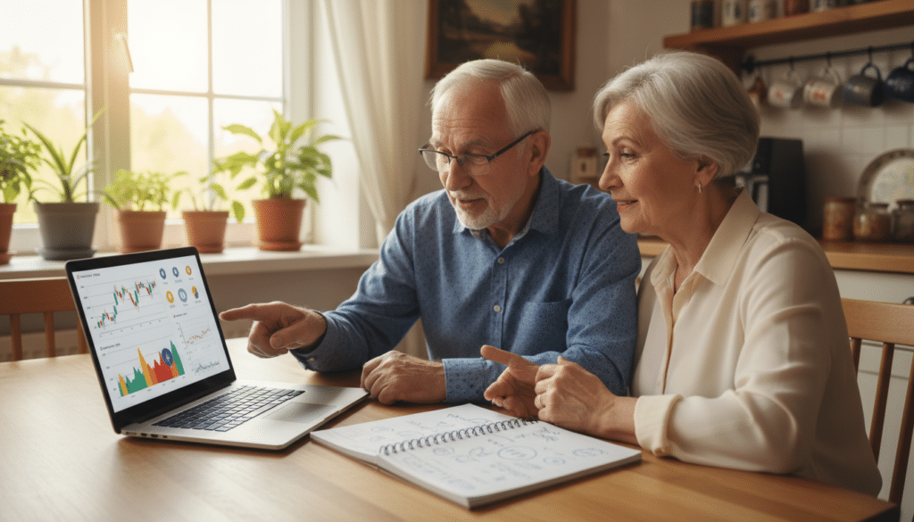 A warm, inviting scene of a senior citizen couple sitting at a cozy, well-lit kitchen table, engaging with a laptop displaying digital currency graphics. The foreground features the couple: the older man wearing glasses and a smart casual shirt, and the woman with a friendly smile in a modest blouse, both displaying curiosity and enthusiasm about crypto. In the middle, the laptop shows colorful graphs and icons related to cryptocurrency alongside a notepad filled with notes. The background includes cheerful home decorations and soft natural light filtering through a window, creating a peaceful, educational atmosphere. The overall mood is friendly and inspiring, symbolizing new beginnings and learning opportunities in the world of digital currencies.