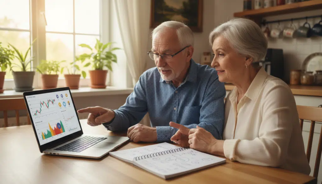 A warm, inviting scene of a senior citizen couple sitting at a cozy, well-lit kitchen table, engaging with a laptop displaying digital currency graphics. The foreground features the couple: the older man wearing glasses and a smart casual shirt, and the woman with a friendly smile in a modest blouse, both displaying curiosity and enthusiasm about crypto. In the middle, the laptop shows colorful graphs and icons related to cryptocurrency alongside a notepad filled with notes. The background includes cheerful home decorations and soft natural light filtering through a window, creating a peaceful, educational atmosphere. The overall mood is friendly and inspiring, symbolizing new beginnings and learning opportunities in the world of digital currencies. A warm, inviting scene of a senior citizen couple sitting at a cozy, well-lit kitchen table, engaging with a laptop displaying digital currency graphics. The foreground features the couple: the older man wearing glasses and a smart casual shirt, and the woman with a friendly smile in a modest blouse, both displaying curiosity and enthusiasm about crypto. In the middle, the laptop shows colorful graphs and icons related to cryptocurrency alongside a notepad filled with notes. The background includes cheerful home decorations and soft natural light filtering through a window, creating a peaceful, educational atmosphere. The overall mood is friendly and inspiring, symbolizing new beginnings and learning opportunities in the world of digital currencies.