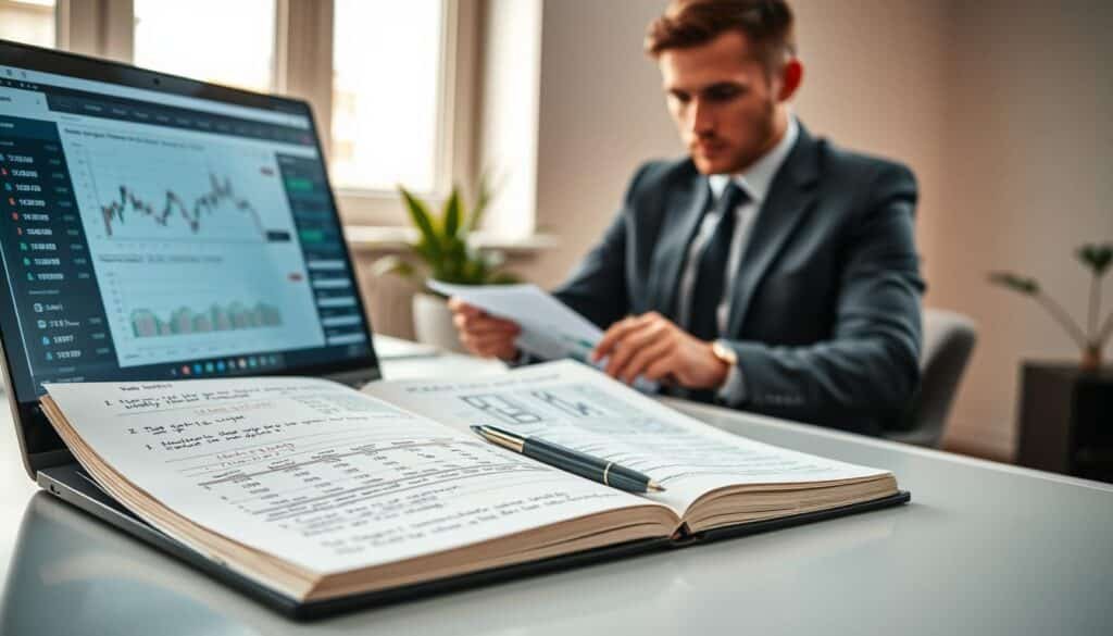 A well-organized crypto trading journal open on a sleek desk, featuring detailed graphs, charts, and handwritten notes about trading strategies. In the foreground, focus on a stylish laptop displaying a cryptocurrency dashboard with real-time market data. The middle ground showcases a professional individual in business attire, deeply engaged in analyzing their trading performance, with a contemplative expression. The background features soft lighting from a nearby window, creating a calm atmosphere, complemented by subtle greenery from a potted plant. Capture the scene from a slightly elevated angle to give depth, highlighting the balance of technology and personal reflection essential for successful trading. A well-organized crypto trading journal open on a sleek desk, featuring detailed graphs, charts, and handwritten notes about trading strategies. In the foreground, focus on a stylish laptop displaying a cryptocurrency dashboard with real-time market data. The middle ground showcases a professional individual in business attire, deeply engaged in analyzing their trading performance, with a contemplative expression. The background features soft lighting from a nearby window, creating a calm atmosphere, complemented by subtle greenery from a potted plant. Capture the scene from a slightly elevated angle to give depth, highlighting the balance of technology and personal reflection essential for successful trading.