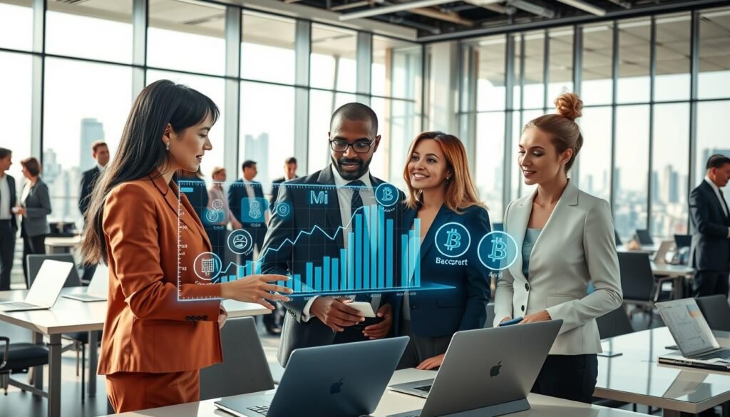 A bustling corporate office environment filled with diverse professionals in business attire, engaged in discussions around futuristic digital screens displaying blockchain data and cryptocurrency symbols. In the foreground, a group of individuals—an Asian woman, a Black man, and a Caucasian woman—collaborate over a holographic chart showing increasing investment trends in crypto. The middle ground features sleek desks with high-tech laptops and financial reports, while the background shows large glass windows overlooking a modern city skyline. The lighting is bright and natural, creating an optimistic atmosphere, with reflections on the glass that hint at growth and innovation. The overall mood conveys confidence and forward-thinking in institutional capital, emphasizing the corporate adoption of cryptocurrency and AI technologies. A bustling corporate office environment filled with diverse professionals in business attire, engaged in discussions around futuristic digital screens displaying blockchain data and cryptocurrency symbols. In the foreground, a group of individuals—an Asian woman, a Black man, and a Caucasian woman—collaborate over a holographic chart showing increasing investment trends in crypto. The middle ground features sleek desks with high-tech laptops and financial reports, while the background shows large glass windows overlooking a modern city skyline. The lighting is bright and natural, creating an optimistic atmosphere, with reflections on the glass that hint at growth and innovation. The overall mood conveys confidence and forward-thinking in institutional capital, emphasizing the corporate adoption of cryptocurrency and AI technologies.