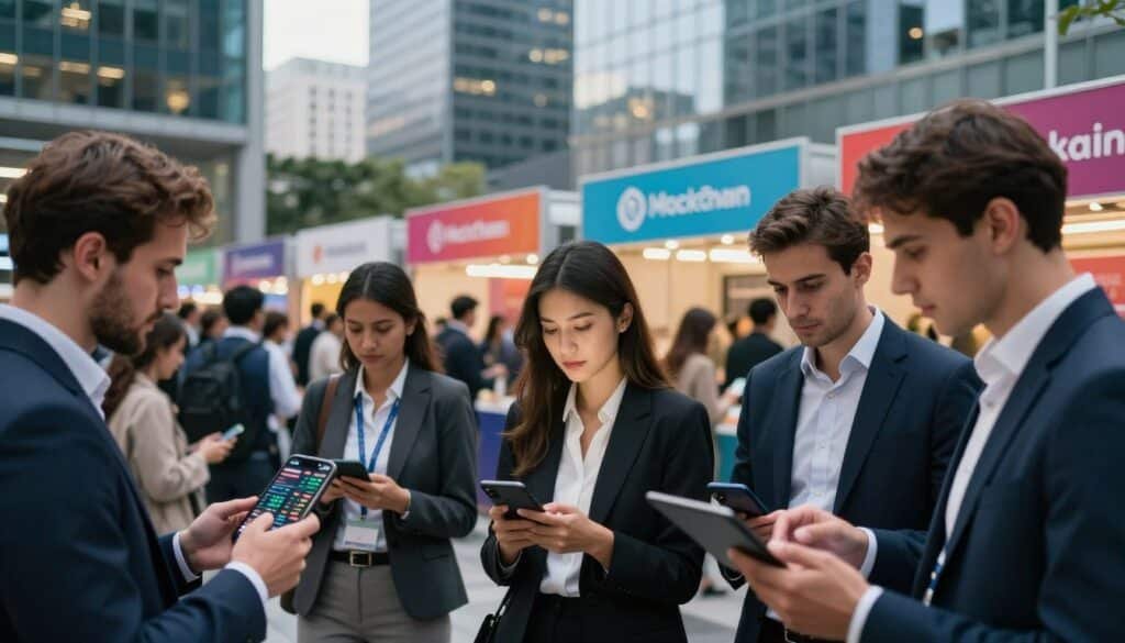 A bustling financial market scene in a modern city, showcasing diverse investors engaging in digital transactions. In the foreground, a group of professionals in business attire interacts with smartphones and tablets, analyzing live cryptocurrency data. The middle ground features an outdoor market with colorful stands displaying various blockchain logos, symbolizing micropayment options. The background reveals a skyline of high-tech office buildings, reflecting the advanced technologies driving market trends. Soft, ambient lighting creates a dynamic atmosphere, while a slightly blurred depth of field emphasizes the investors’ focused expressions. Capture the sense of optimism and innovation, illustrating how the shifting market sentiment fuels the adoption of micropayments in cryptocurrency.