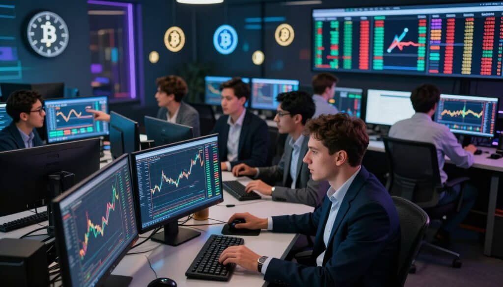 A busy cryptocurrency trading room, filled with multiple screens displaying colorful charts and cryptocurrency values. In the foreground, a focused trader in professional business attire analyzes market trends, surrounded by glowing monitors reflecting real-time trading data. The middle ground features other traders engaged in discussion, pointing at charts and screens, all exuding a sense of urgency and excitement. In the background, a large digital clock shows the continuous nature of crypto trading, and abstract representations of various cryptocurrencies float subtly in the atmosphere. The lighting is dynamic, with bright neon hues reflecting off the glass surfaces, creating a high-tech, energetic mood, emphasizing the 24/7 accessibility of the crypto landscape. The angle is slightly elevated, offering a panoramic view of this vibrant trading environment.