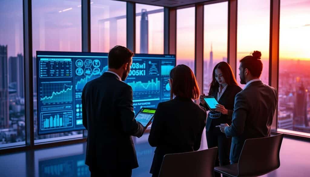 A captivating visualization of blockchain data analytics, featuring a sleek, modern office environment. In the foreground, a diverse group of three professionals, dressed in smart business attire, are engaged in intense discussion while analyzing vivid, dynamic graphs and digital interfaces depicting blockchain transactions on their high-tech laptops. The middle ground showcases a large digital display with intricate data visualizations, highlighting on-chain metrics and insights, glowing in shades of blue and green. The background features large windows with a panoramic view of a futuristic city skyline at dusk, with a soft purple twilight glow, casting ambient light across the room. The atmosphere is one of innovation and focus, aiding viewers in understanding the complex yet exciting world of blockchain analytics. A captivating visualization of blockchain data analytics, featuring a sleek, modern office environment. In the foreground, a diverse group of three professionals, dressed in smart business attire, are engaged in intense discussion while analyzing vivid, dynamic graphs and digital interfaces depicting blockchain transactions on their high-tech laptops. The middle ground showcases a large digital display with intricate data visualizations, highlighting on-chain metrics and insights, glowing in shades of blue and green. The background features large windows with a panoramic view of a futuristic city skyline at dusk, with a soft purple twilight glow, casting ambient light across the room. The atmosphere is one of innovation and focus, aiding viewers in understanding the complex yet exciting world of blockchain analytics.