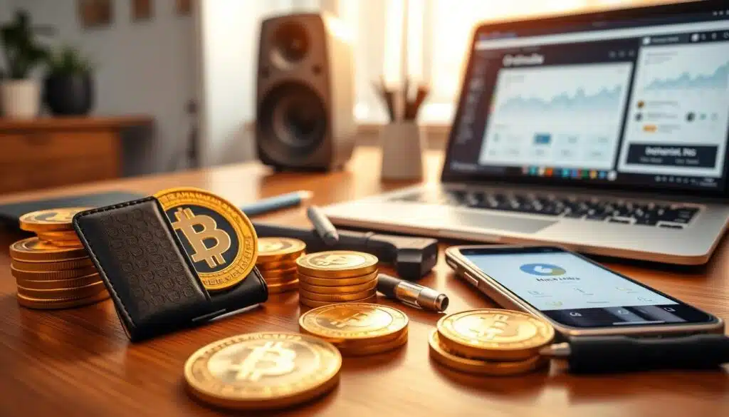 A carefully arranged Bitcoin wallet surrounded by essential tools for minting NFTs on Bitcoin Ordinals. In the foreground, showcase a sleek, open Bitcoin wallet displaying a vibrant digital interface, alongside a stack of shiny gold coins and a high-tech smartphone showing the Ordinals app. In the middle, include tools like a stylus, USB device, and a laptop with a blockchain dashboard open. The background features a modern workspace with a soft, blurred effect, illuminated by natural light coming through a window, creating a warm and inviting atmosphere. The angle should be slightly above eye level, focusing on the items in the foreground while maintaining a clear view of the tools. The overall mood should evoke a sense of innovation and digital creativity.