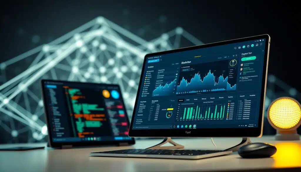 A clean and modern blockchain explorer interface, showcasing various components like transaction details, block information, and a user-friendly navigation bar. In the foreground, display a sleek desktop with a glowing screen filled with data visualizations and charts reflecting blockchain activity, emphasizing vibrant colors like blue and green. In the middle ground, include a stylized representation of a digital ledger, with intricate lines and nodes symbolizing connections in the blockchain. The background can feature abstract tech-inspired designs, with soft lighting that creates a professional atmosphere. Use a slight tilt-angle perspective to give a dynamic look, and ensure the overall mood is informative and engaging, suitable for a tech-savvy audience. No text or watermarks present. A clean and modern blockchain explorer interface, showcasing various components like transaction details, block information, and a user-friendly navigation bar. In the foreground, display a sleek desktop with a glowing screen filled with data visualizations and charts reflecting blockchain activity, emphasizing vibrant colors like blue and green. In the middle ground, include a stylized representation of a digital ledger, with intricate lines and nodes symbolizing connections in the blockchain. The background can feature abstract tech-inspired designs, with soft lighting that creates a professional atmosphere. Use a slight tilt-angle perspective to give a dynamic look, and ensure the overall mood is informative and engaging, suitable for a tech-savvy audience. No text or watermarks present.
