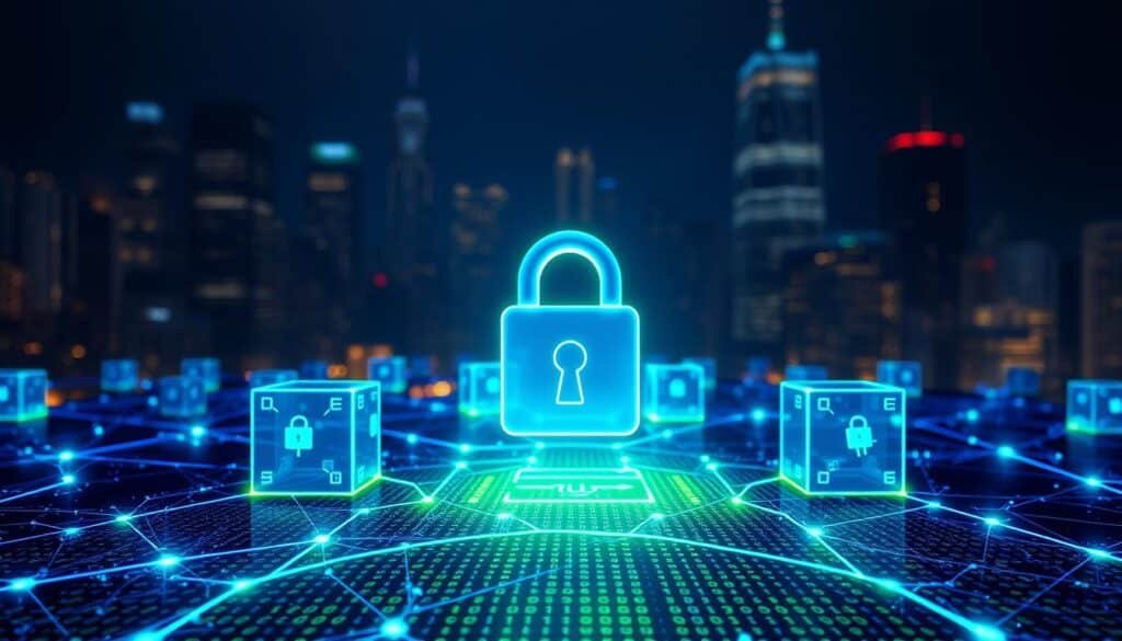 A close-up view of a futuristic digital blockchain network in the foreground, featuring interconnected 3D cubes symbolizing data blocks, glowing in vibrant blue and green hues. The middle layer presents a translucent digital lock, representing data security, layered over a matrix of flowing binary code. In the background, a dark, high-tech cityscape illuminated by neon lights adds depth, creating an atmosphere of innovation and technology. Soft beams of light emanate from the cubes, casting intricate shadows and highlighting the concept of immutability. The scene feels secure yet dynamic, evoking a sense of trust and modernity, perfect for illustrating blockchain's role in preventing counterfeit goods. A close-up view of a futuristic digital blockchain network in the foreground, featuring interconnected 3D cubes symbolizing data blocks, glowing in vibrant blue and green hues. The middle layer presents a translucent digital lock, representing data security, layered over a matrix of flowing binary code. In the background, a dark, high-tech cityscape illuminated by neon lights adds depth, creating an atmosphere of innovation and technology. Soft beams of light emanate from the cubes, casting intricate shadows and highlighting the concept of immutability. The scene feels secure yet dynamic, evoking a sense of trust and modernity, perfect for illustrating blockchain's role in preventing counterfeit goods.