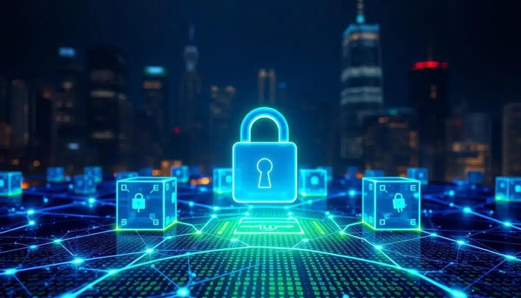 A close-up view of a futuristic digital blockchain network in the foreground, featuring interconnected 3D cubes symbolizing data blocks, glowing in vibrant blue and green hues. The middle layer presents a translucent digital lock, representing data security, layered over a matrix of flowing binary code. In the background, a dark, high-tech cityscape illuminated by neon lights adds depth, creating an atmosphere of innovation and technology. Soft beams of light emanate from the cubes, casting intricate shadows and highlighting the concept of immutability. The scene feels secure yet dynamic, evoking a sense of trust and modernity, perfect for illustrating blockchain's role in preventing counterfeit goods. A close-up view of a futuristic digital blockchain network in the foreground, featuring interconnected 3D cubes symbolizing data blocks, glowing in vibrant blue and green hues. The middle layer presents a translucent digital lock, representing data security, layered over a matrix of flowing binary code. In the background, a dark, high-tech cityscape illuminated by neon lights adds depth, creating an atmosphere of innovation and technology. Soft beams of light emanate from the cubes, casting intricate shadows and highlighting the concept of immutability. The scene feels secure yet dynamic, evoking a sense of trust and modernity, perfect for illustrating blockchain's role in preventing counterfeit goods.